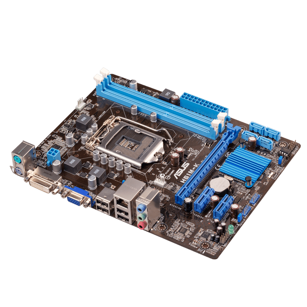 Asus H61M-K socket 1155 moederbord - bovenaanzicht met CPU-socket, RAM-slots, uitbreidingsslots en achterpanelaansluitingen zichtbaar