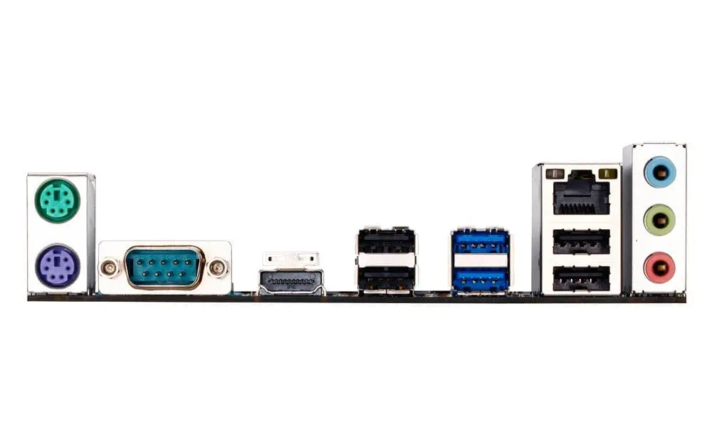 Gigabyte GA-Z77P-D3 LGA1155 Motherboard rear I/O ports showing PS/2 connectors, D-Sub port, USB headers, SATA ports, and audio jacks