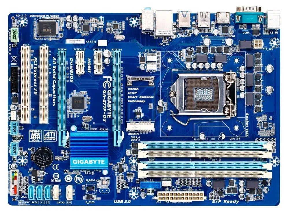 Gigabyte GA-Z77P-D3 LGA1155 Motherboard top view showing PCIe slots, SATA connectors, CPU socket, power delivery components, and various onboard features