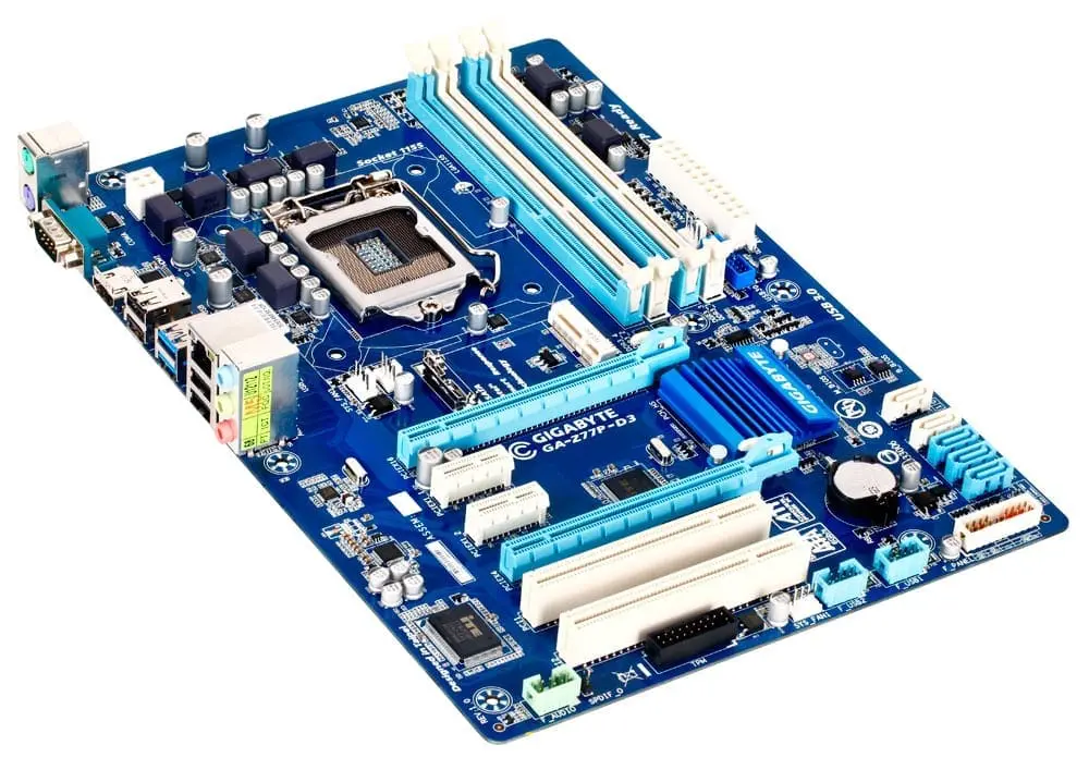 Gigabyte GA-Z77P-D3 LGA1155 Motherboard top view showing CPU socket, RAM slots, expansion slots, and power delivery components