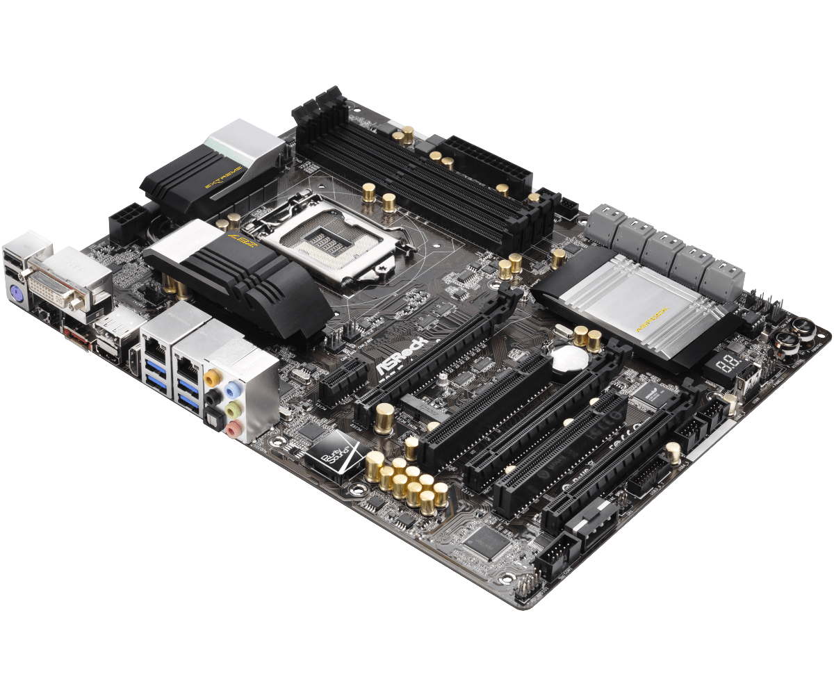 ASRock Z87 Extreme6 socket 1150 moederbord - bovenaanzicht met CPU-socket, RAM-slots, uitbreidingsslots en back-panel I/O-poorten