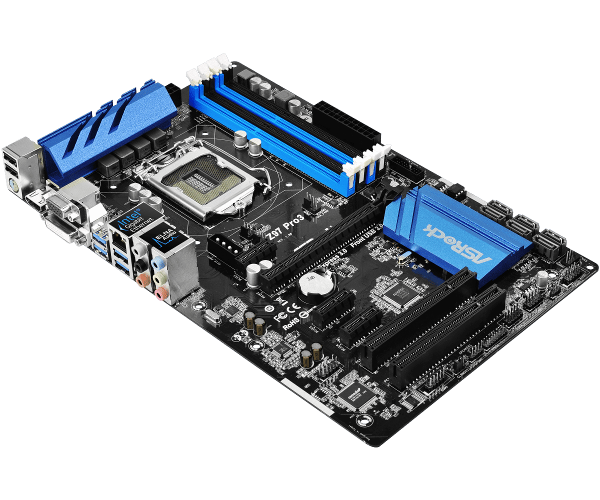 ASRock Z97 Pro3 socket 1150 moederbord, bovenaanzicht met blauwe RAM-geheugenmodules, CPU-socket en uitbreidingssleuven