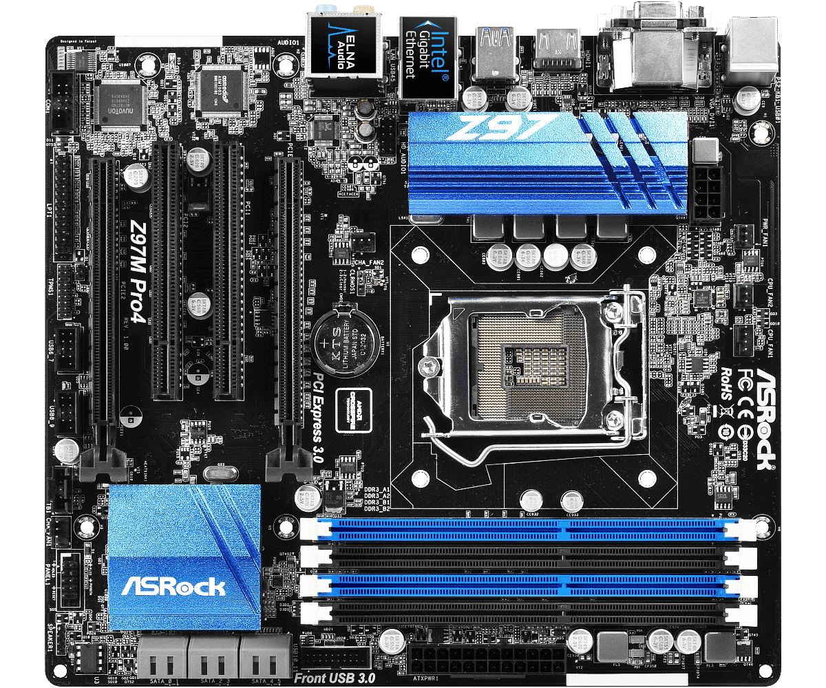 ASRock Z97M Pro4 motherboard top view showing CPU socket, RAM slots, power delivery components, and integrated I/O features on black PCB with blue accents