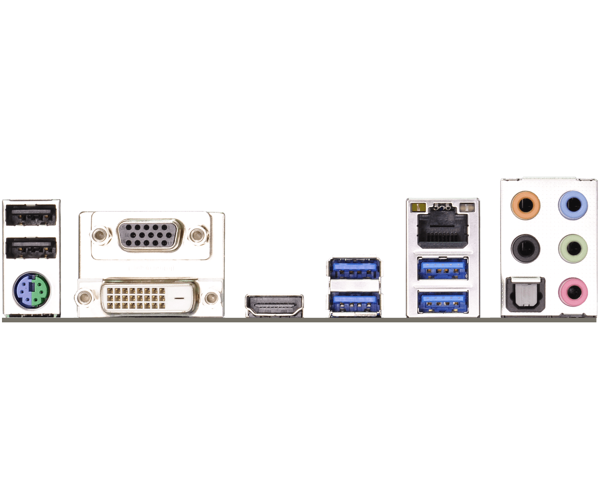 ASRock Z97M Pro4 rear I/O panel showing connectors including PS/2 ports, VGA and DVI outputs, HDMI, USB 3.0 headers, and audio jacks