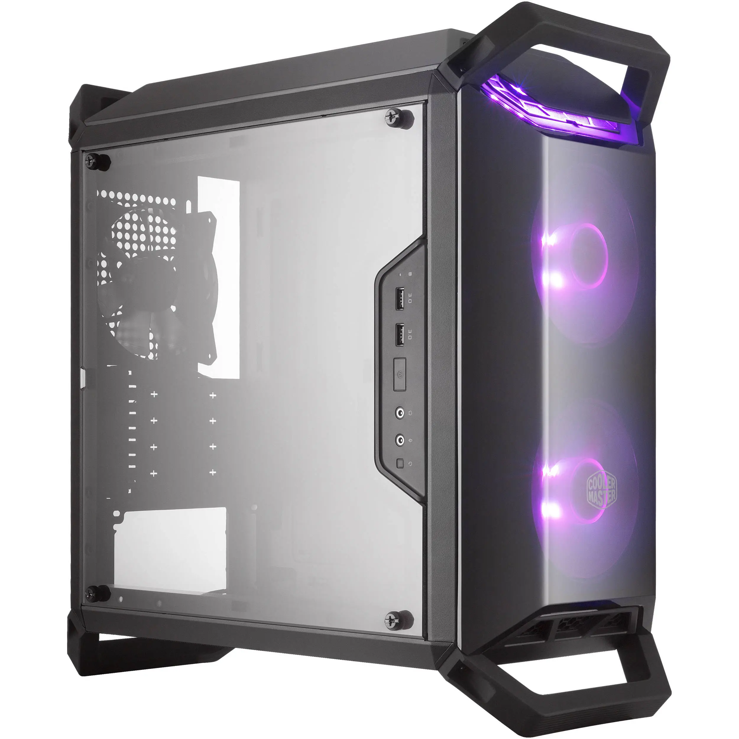 Cooler Master Q300P RGB Micro-ATX computer case shown from angled front and side view, featuring tempered glass side panel, purple RGB LED fans, and black frame with carry handle