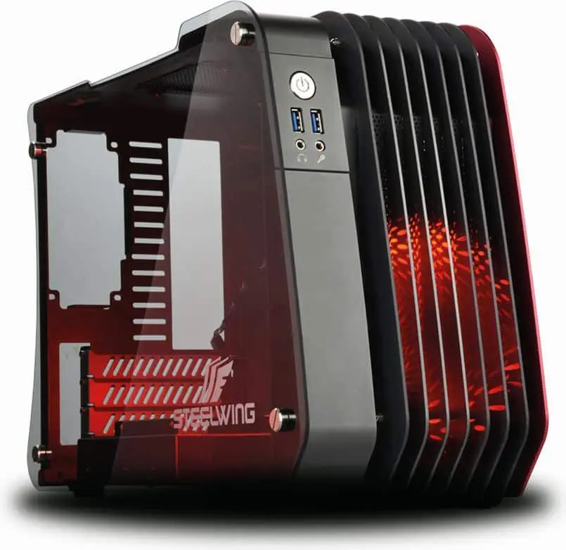 Enermax SteelWing computer case, right side view showing red and black chassis with vertical ribbed cooling fins and front panel with power button and USB ports