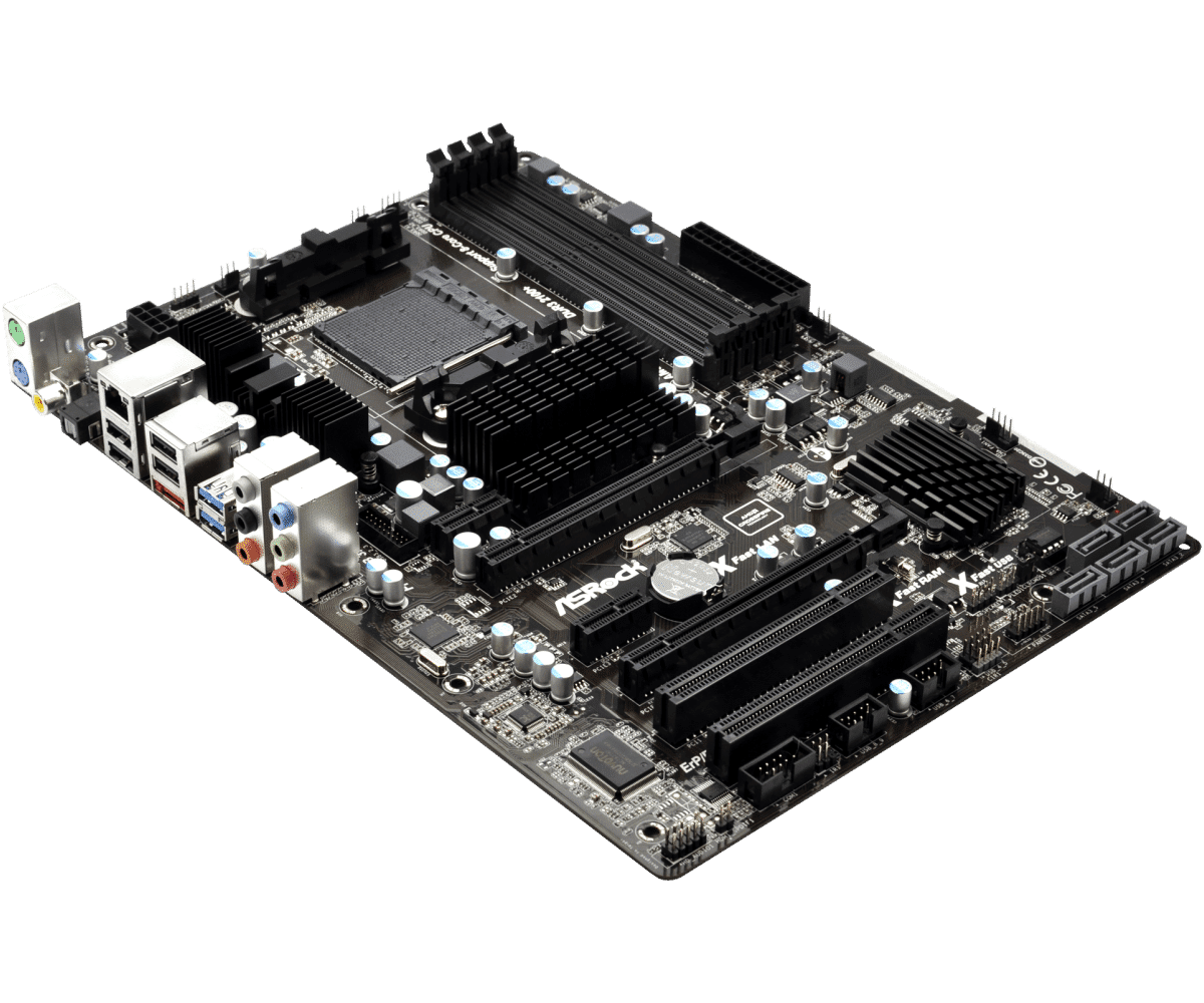 ASRock 970 Extreme3 R2.0 socket AM3+ moederbord, bovenaanzicht met geïnstalleerde CPU-koeler, RAM-slots, uitbreidingsslots en back-panelconnectoren zichtbaar