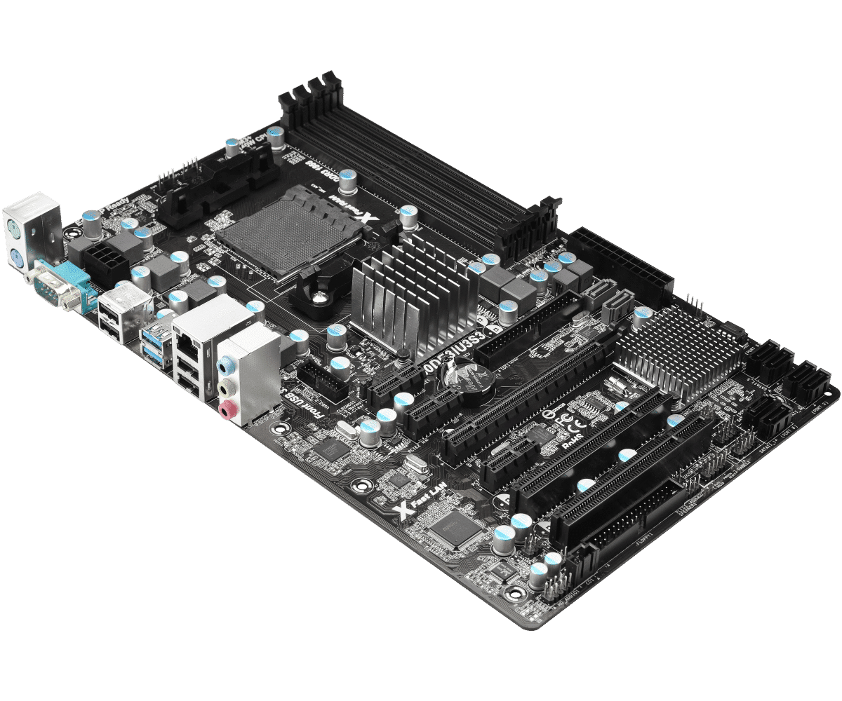 ASRock 980DE3/U3S3 R2.0 socket AM3 moederbord, bovenaanzicht met CPU-socket, RAM-slots, PCIe-slots, VRM-koellichamen en back-panel connectors zichtbaar