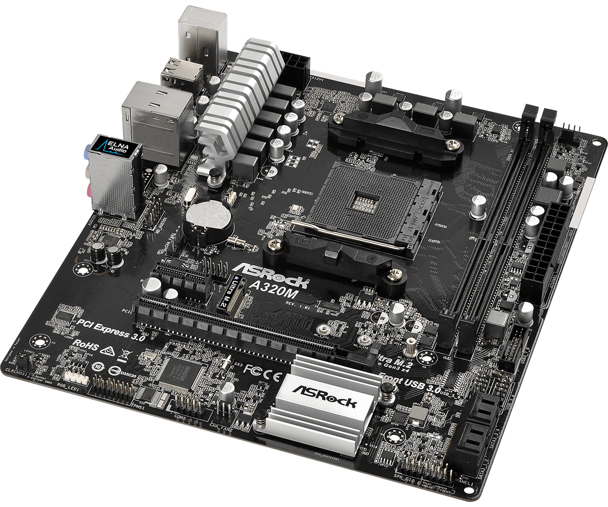 ASRock A320M motherboard top view showing CPU socket, RAM slots, power connectors, and expansion slots