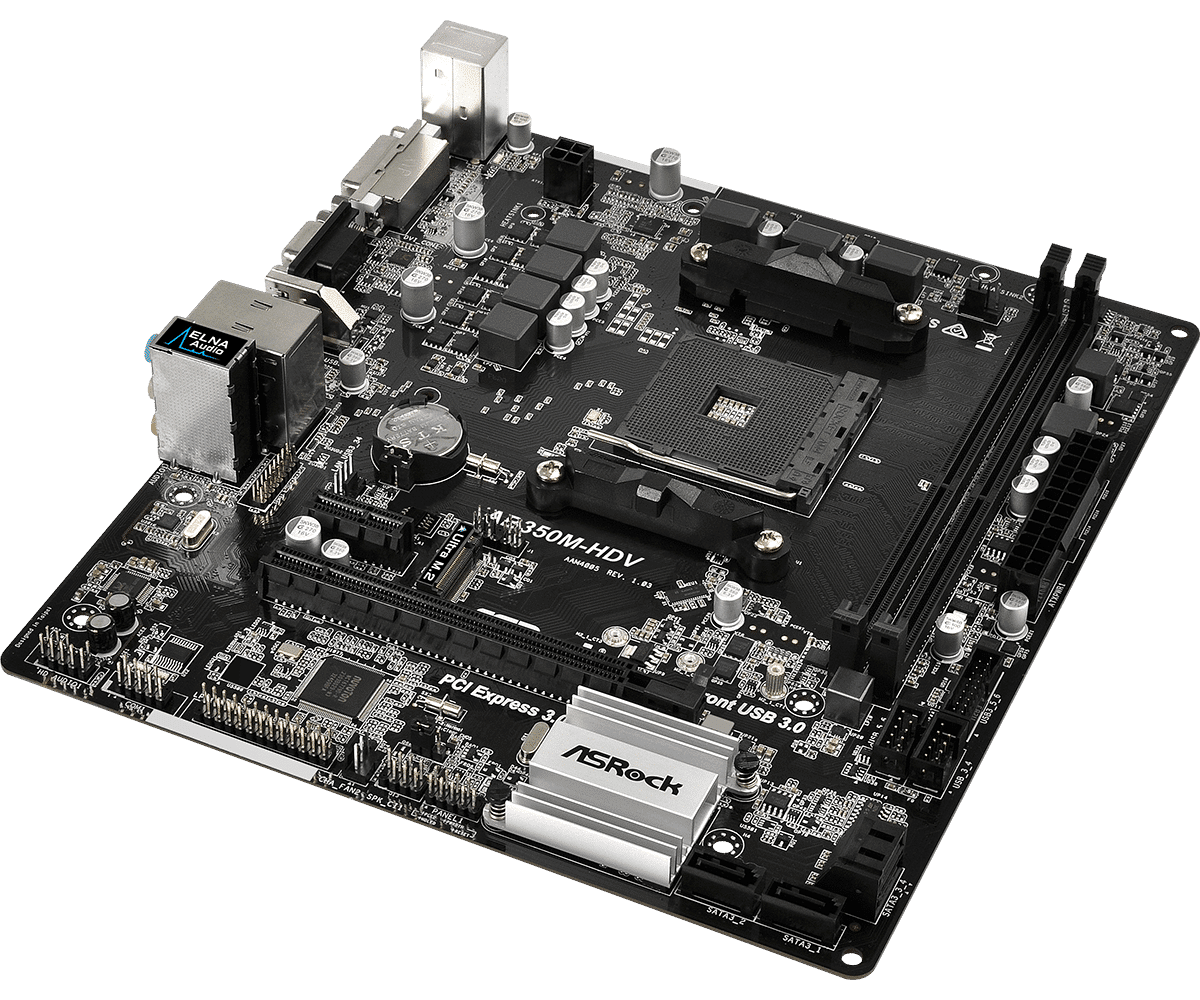ASRock AB350M-HDV motherboard top-down view showing AM4 socket, power delivery components, RAM slots, PCIe slots, and integrated I/O shield with USB and audio connectors