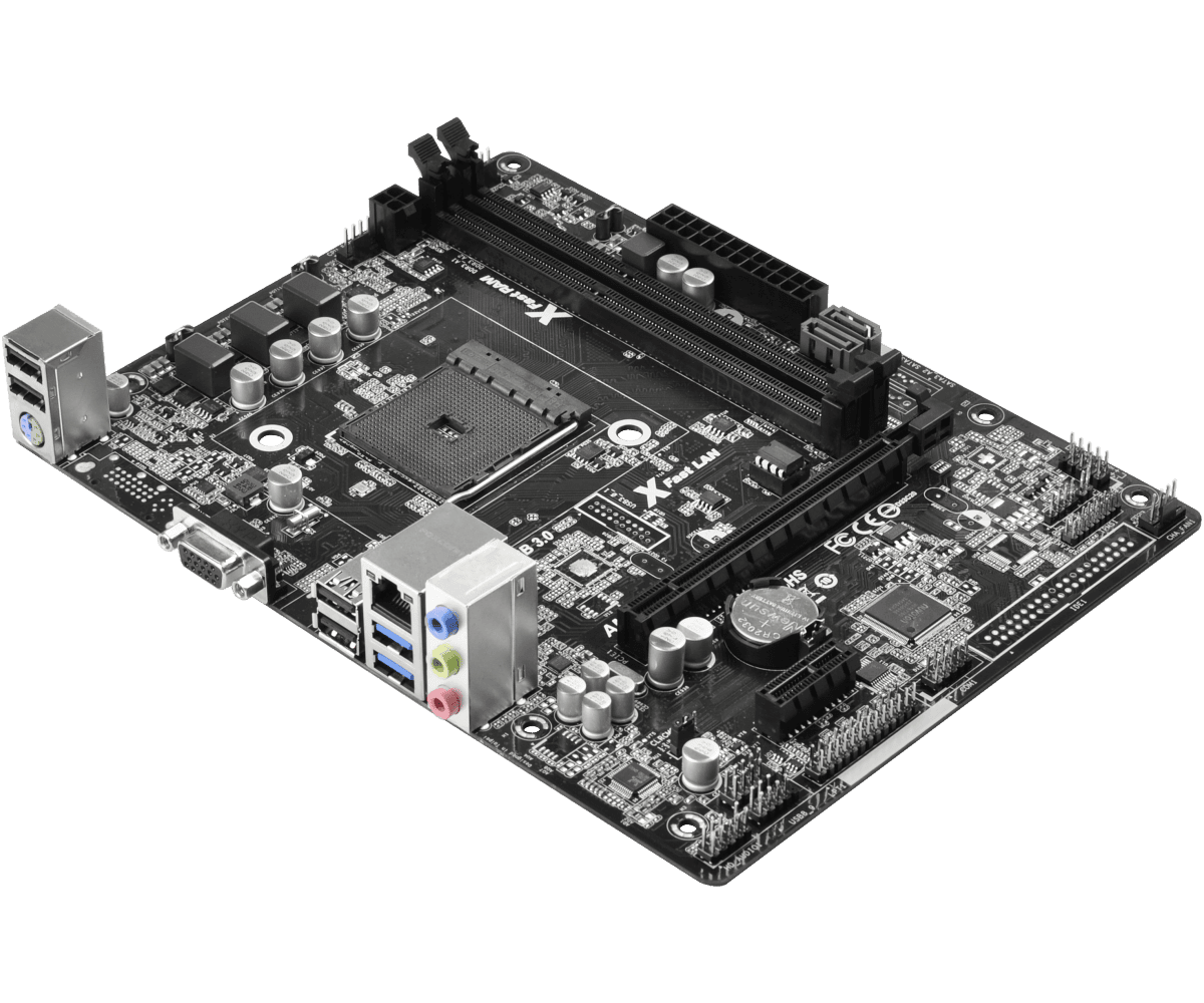 ASRock AM1B-M motherboard angled top-down view showing CPU socket, RAM slots, expansion slots, power connectors, and rear I/O panel with USB and audio ports