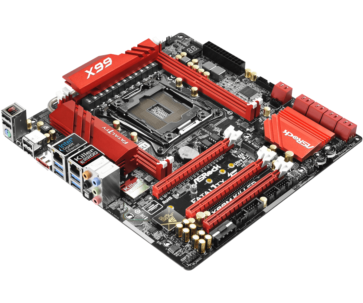 ASRock X99M Fatal1ty X99M Killer socket 2011-3 moederbord - bovenaanzicht met rode heatsinks, RAM-sloten en uitgebreide connectiviteit