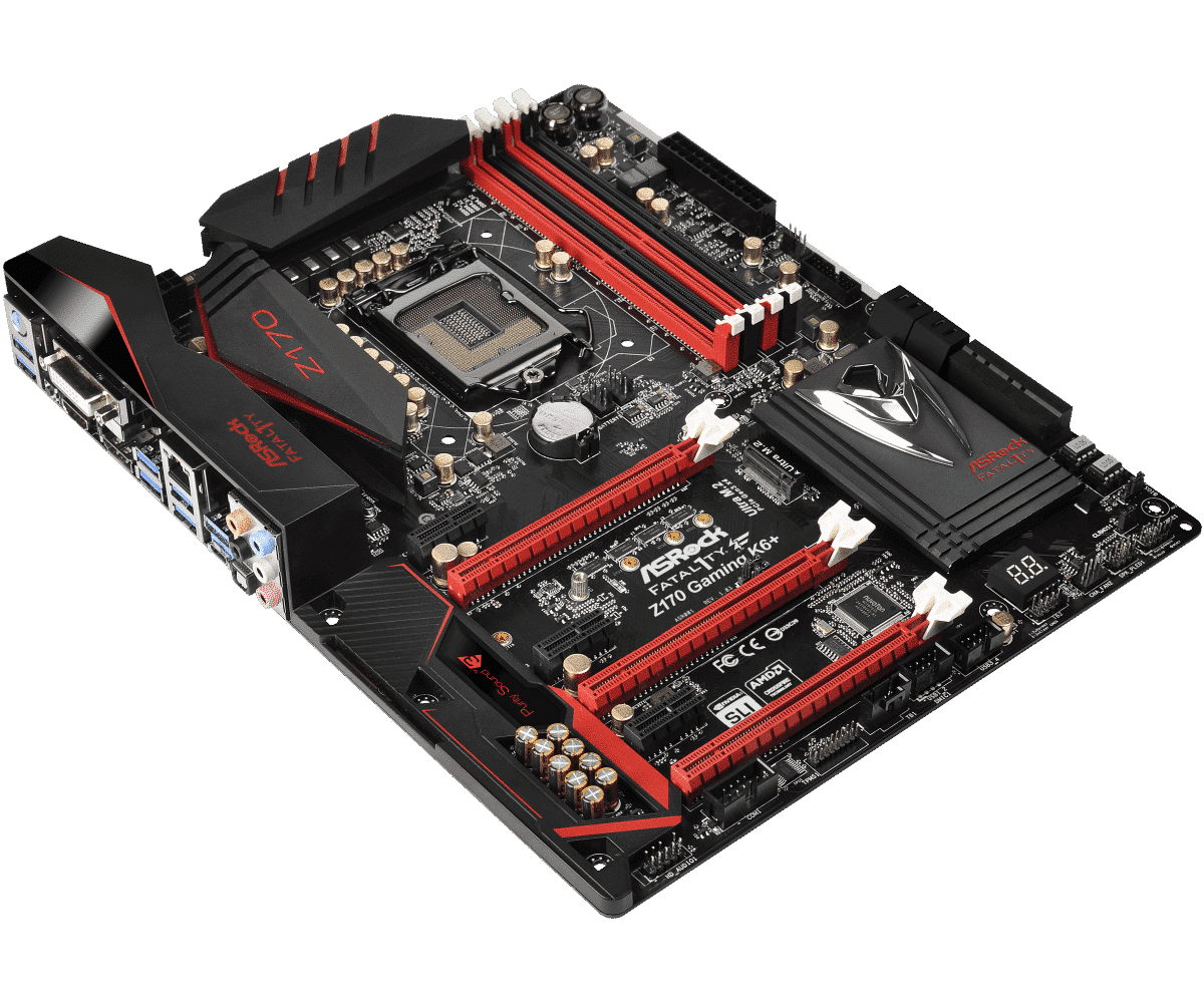 ASRock Z170 Gaming K6+ socket 1151 moederbord - bovenaanzicht met zwart-rode PCB, CPU-socket, RAM-slots en uitbreidingsslots zichtbaar