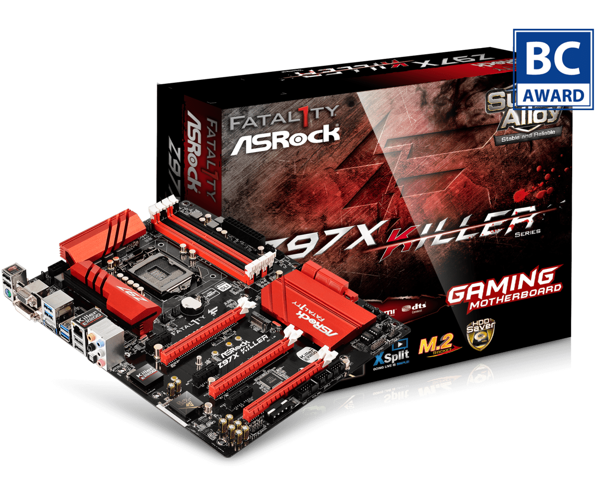 ASRock Fatal1ty Z97X Killer socket 1150 moederbord met verpakking, bovenaanzicht van het bord met rode RAM-geheugenmodules en zwarte PCB