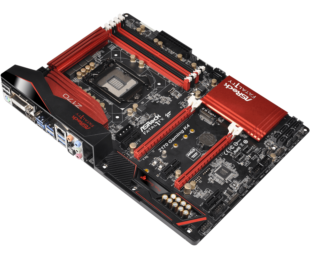 ASRock Z170 Gaming K4 socket 1151 moederbord - bovenaanzicht met rode en zwarte PCB, CPU-socket, RAM-slots, uitbreidingsslots en I/O-paneel zichtbaar