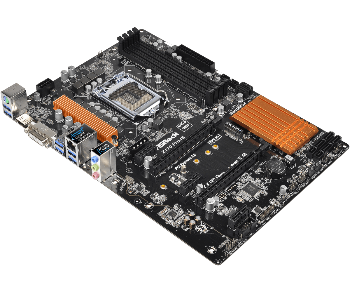ASRock Z170 Pro4S motherboard top view showing CPU socket, RAM slots, PCIe slots, power connectors, and rear I/O ports