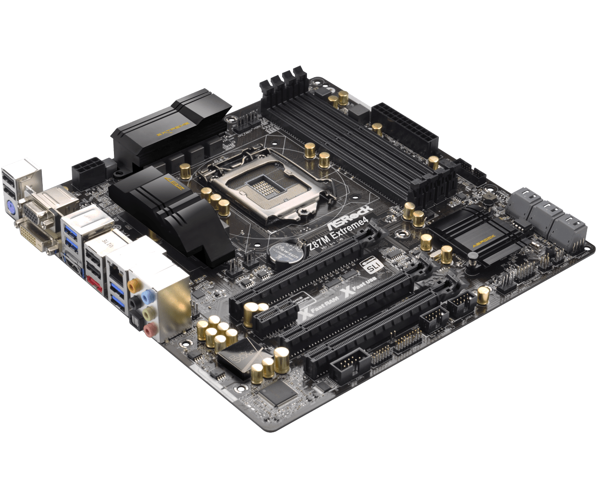 ASRock Z87M Extreme4 socket 1150 moederbord, bovenaanzicht met CPU-socket, RAM-slots, uitbreidingsslots en I/O-paneel