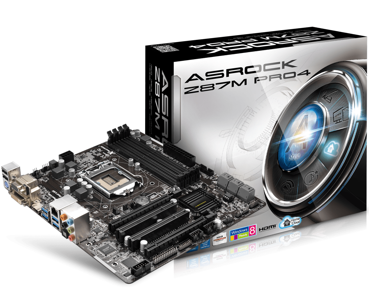 ASRock Z87M Pro4 Retail socket 1150 moederbord - bovenaanzicht met verpakking en CPU-koeler
