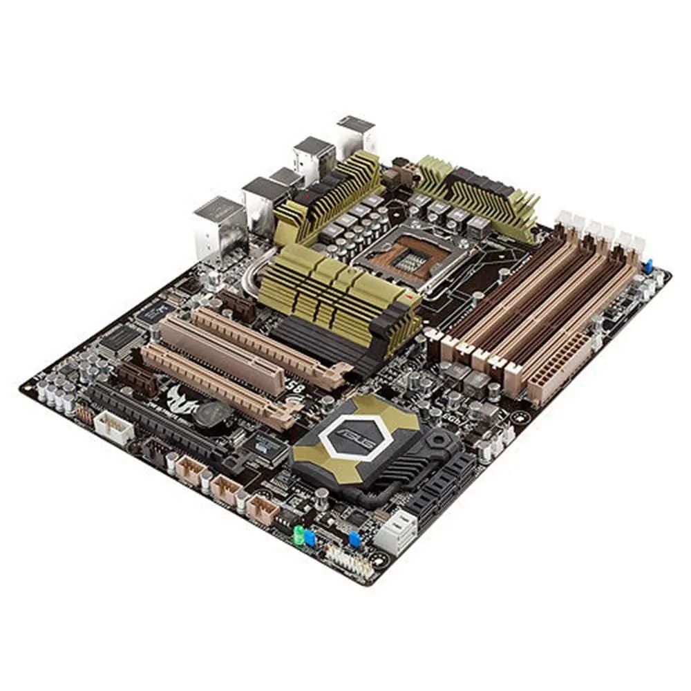 Asus SABERTOOTH X58 LGA1366 Motherboard - isometric top view showing CPU socket, RAM slots, power delivery heatsinks, and expansion slots