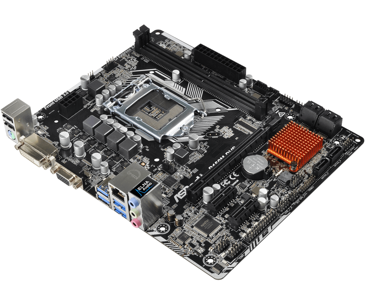 ASRock B150M-DVS R2.0 socket 1151 moederbord bovenaanzicht met CPU-koellichaam, RAM-slots, uitbreidingsslots en aansluitingen zichtbaar