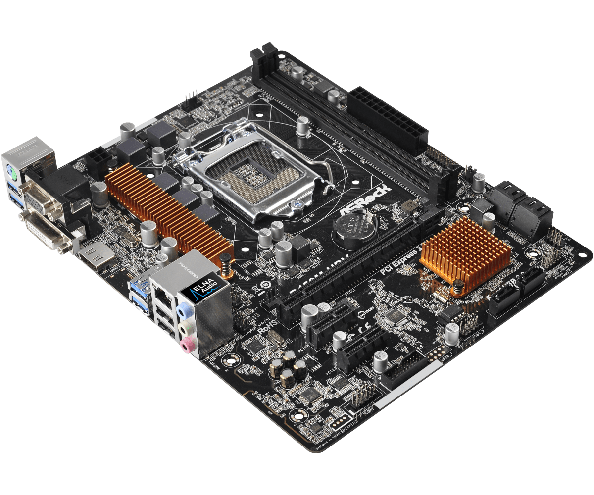ASRock B150M-HDV motherboard top view showing CPU socket, RAM slots, chipset heatsinks, and expansion slots