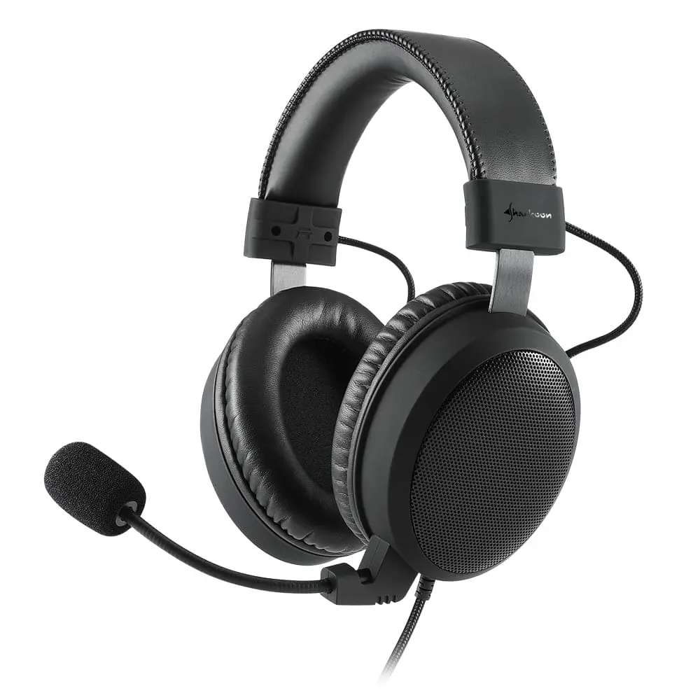 Sharkoon B1 Stereo Headset front view showing black over-ear design with padded ear cups, headband, attached boom microphone, and coiled cable