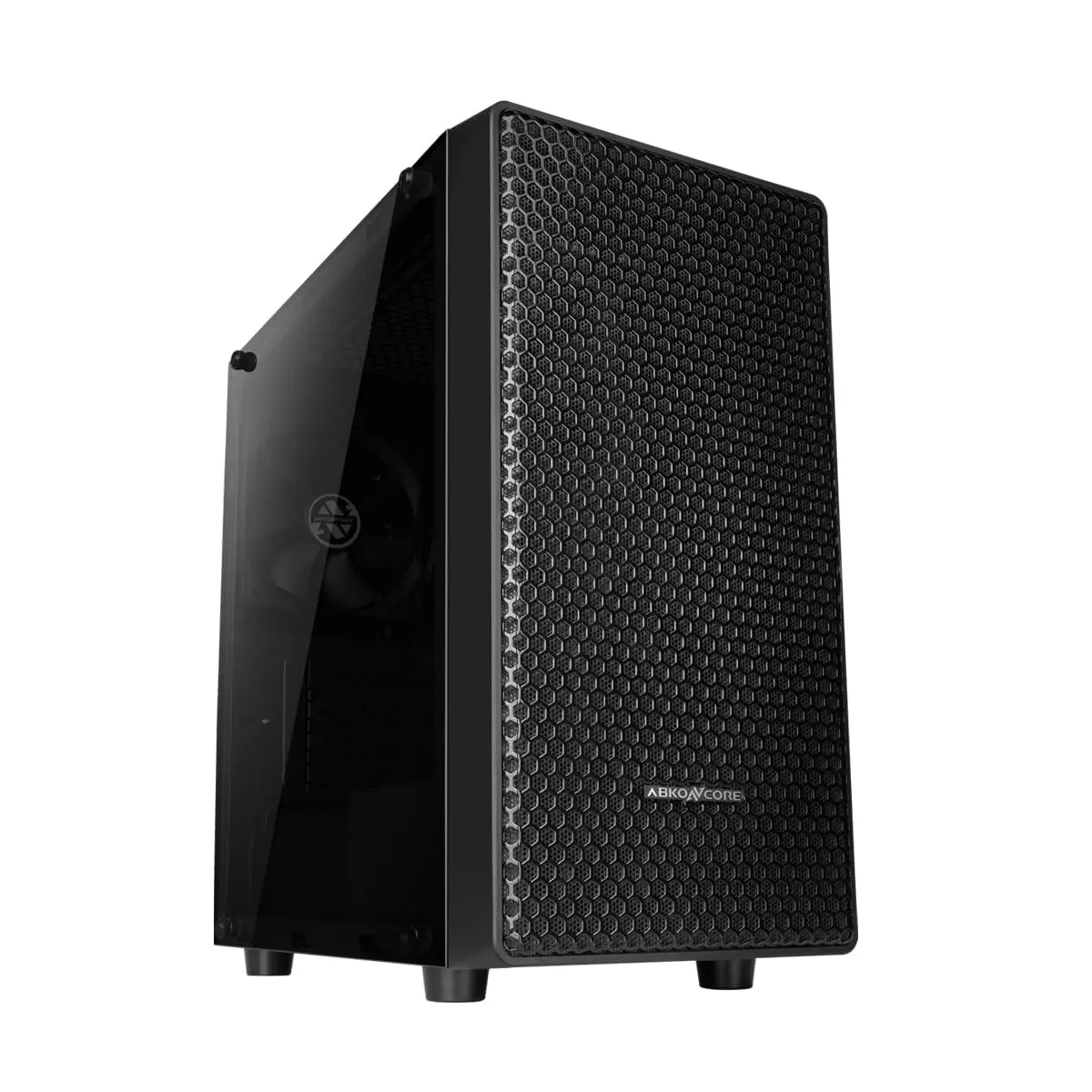 Abkoncore CRONOS 350M computer Case front three-quarter view showing black metal chassis with hexagonal mesh front panel and side tempered glass panel
