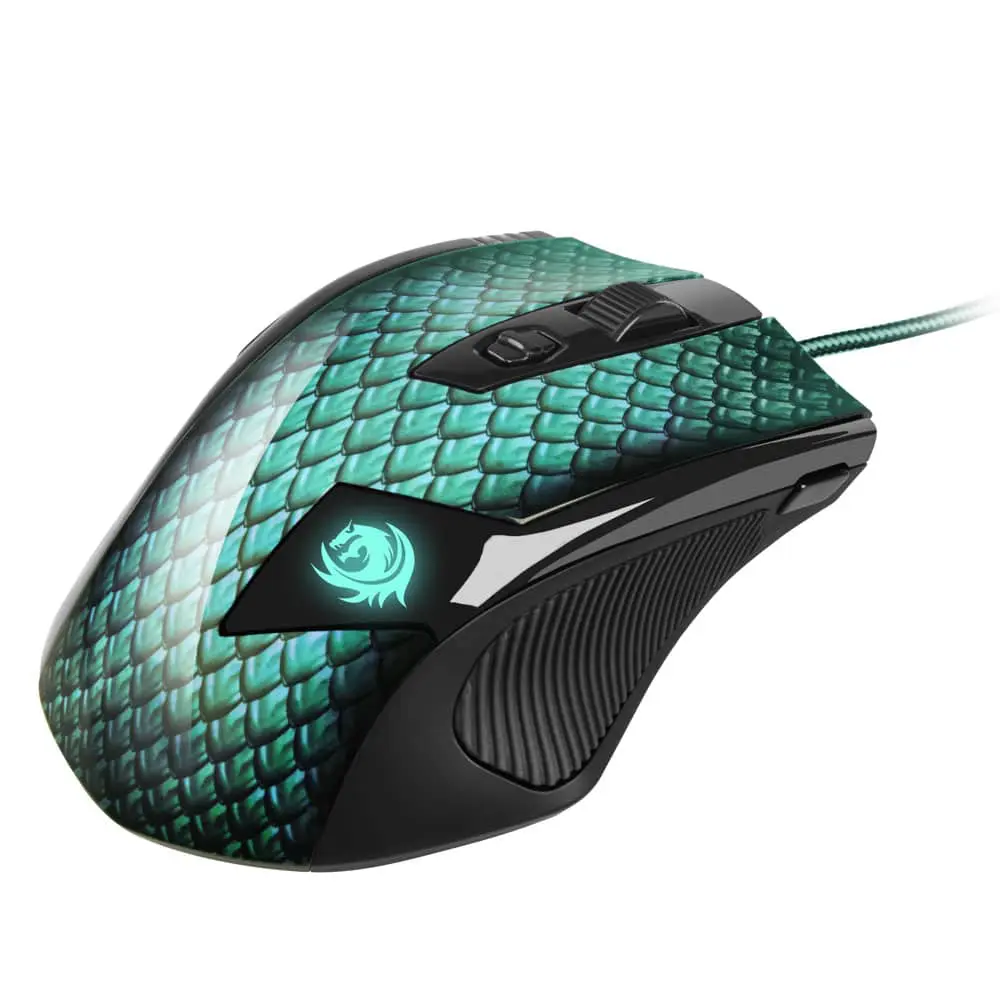Sharkoon Drakonia green Gaming mouse, side view showing turquoise scaled design with illuminated logo and braided cable