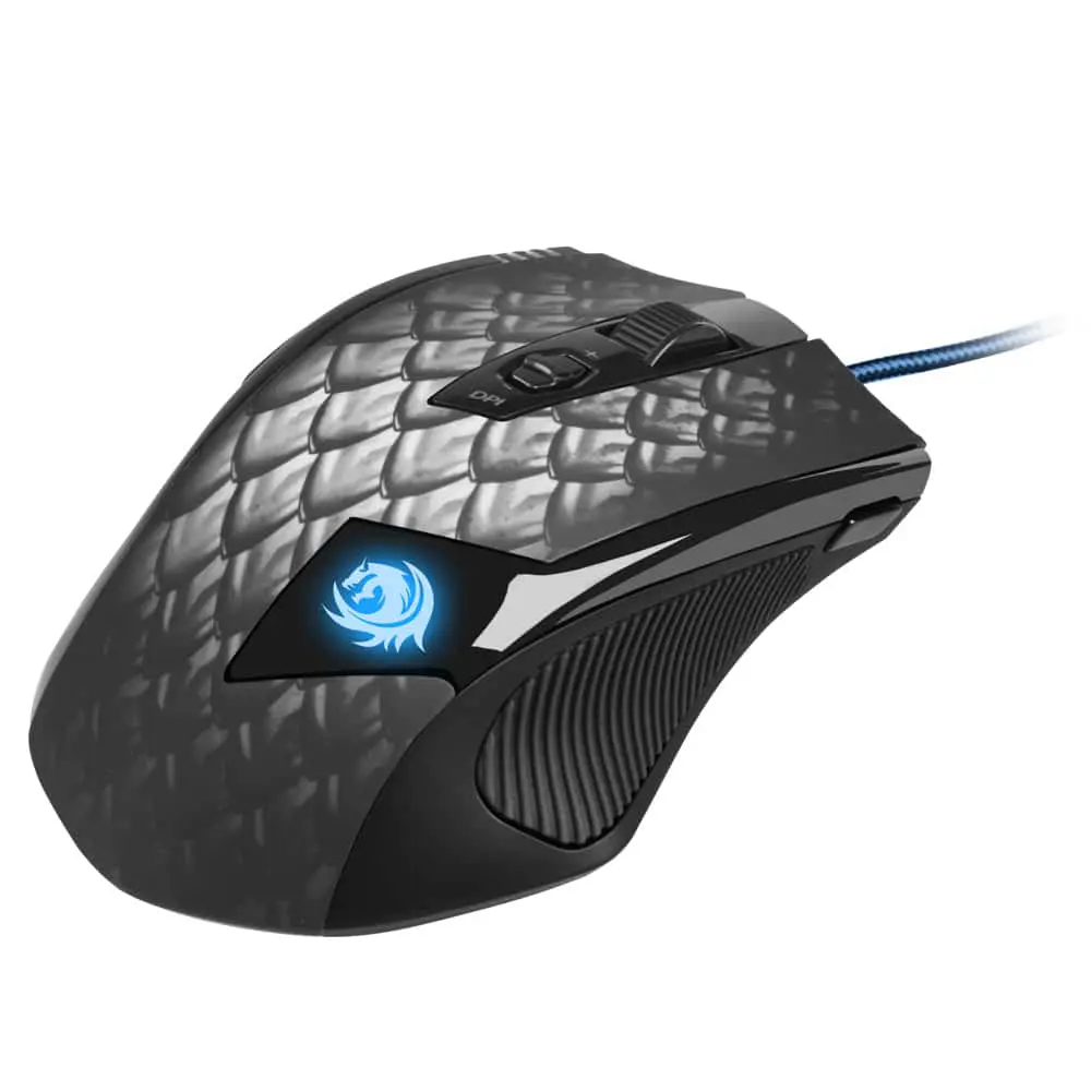 Sharkoon Drakonia Black Gaming Mouse shown from the right side angle, featuring textured black surface, side grip panel with vertical ridges, illuminated blue logo on the side, control buttons on top, and blue braided cable
