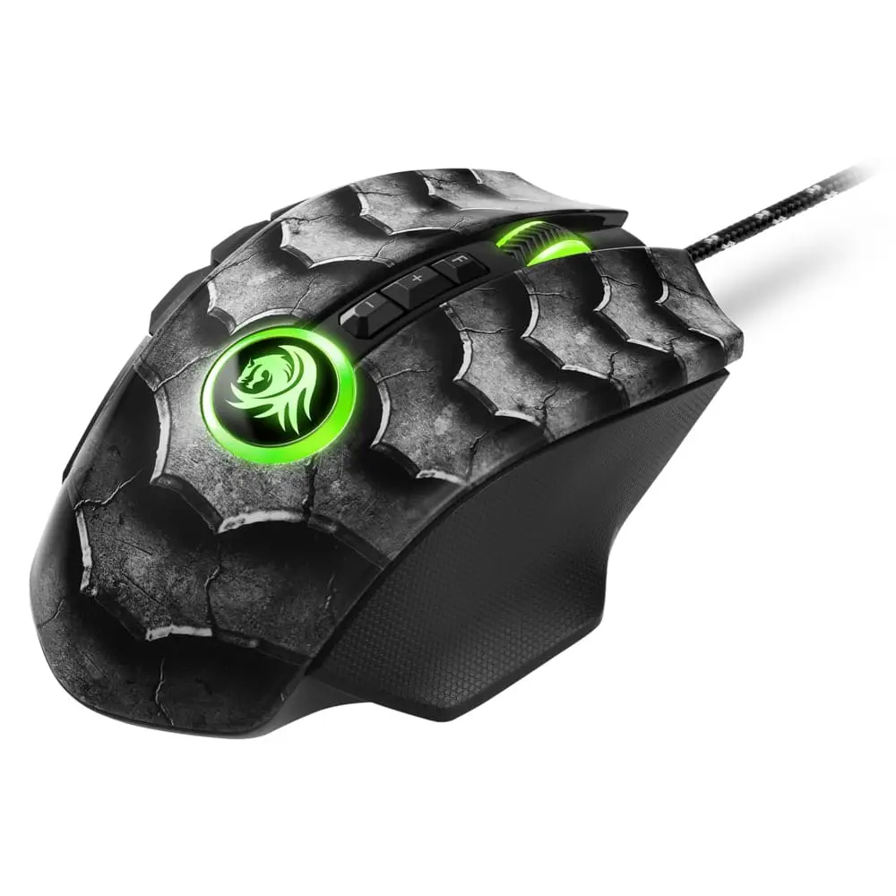 Sharkoon Drakonia II Black gaming mouse, top view showing black textured shell design with green LED logo and side buttons
