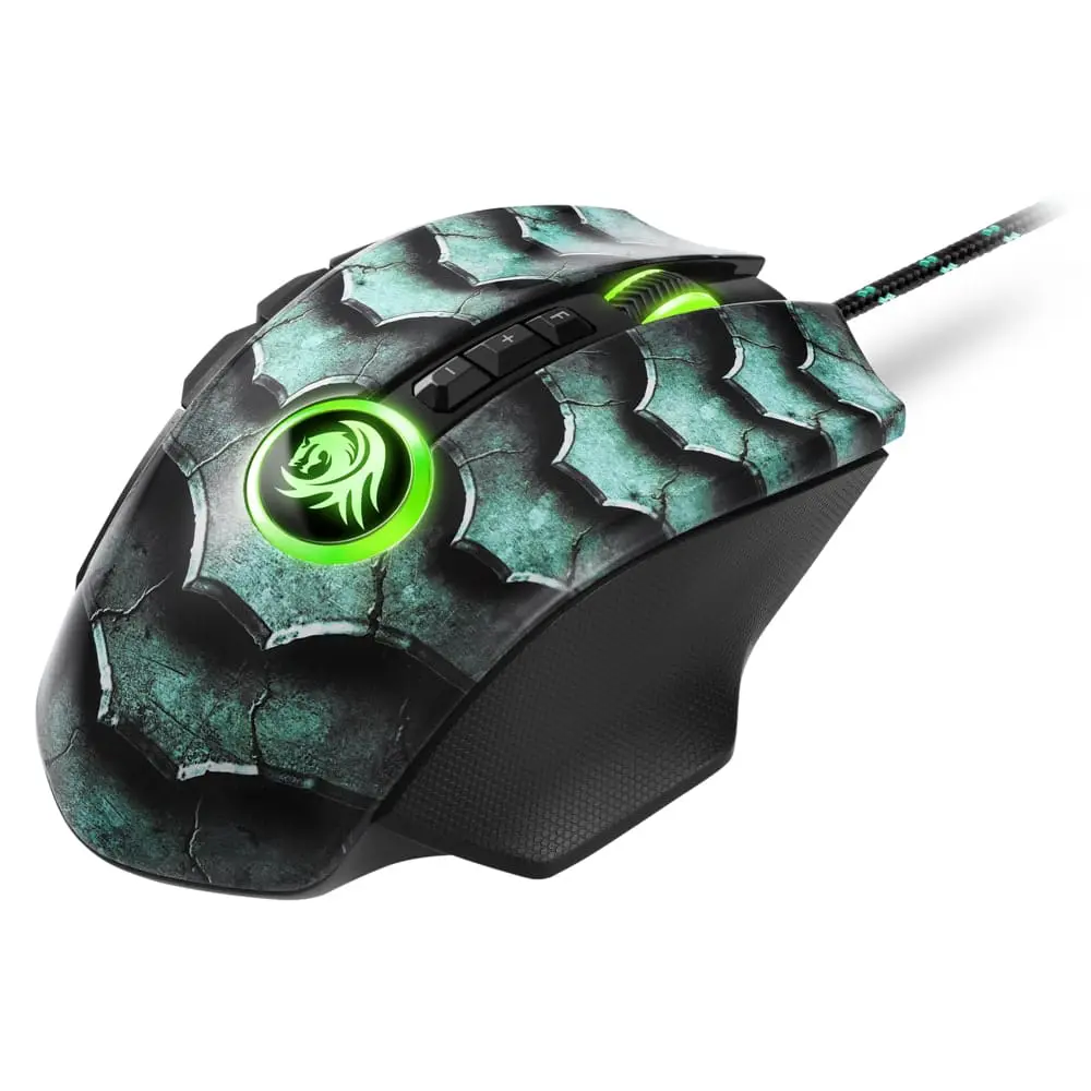 Sharkoon Drakonia II green Gaming mouse, side view showing textured turquoise and black shell design with bright green illuminated logo and side button panel