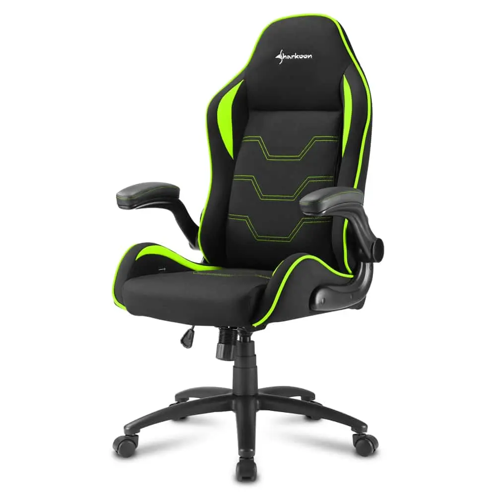 Sharkoon ELBRUS 1 gaming chair (Black/Green) front view showing black and neon green upholstered seat with contoured backrest, adjustable armrests, and five-wheeled base