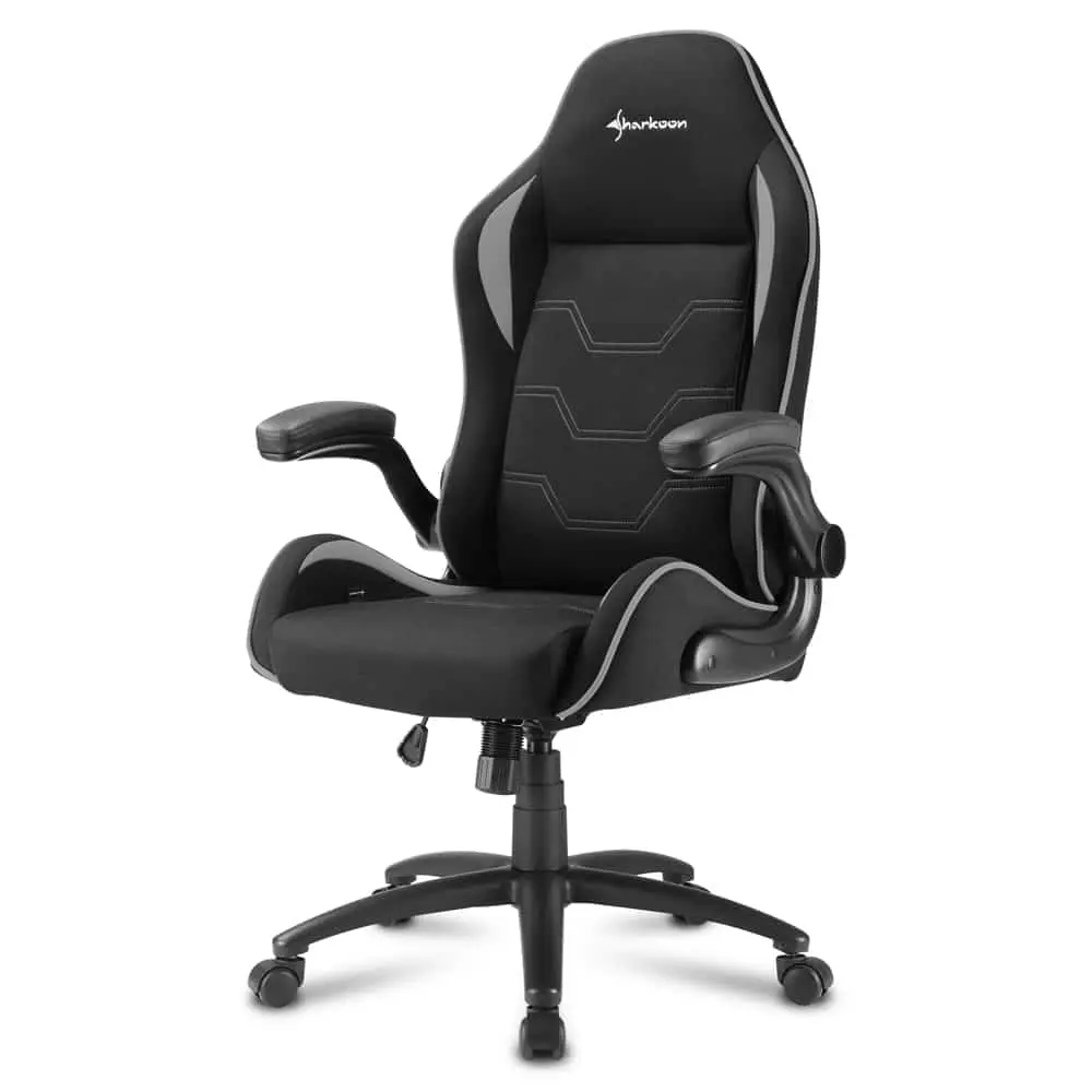 Sharkoon ELBRUS 1 gaming chair (Black/Grey) front view showing black and grey upholstered seat with geometric stitching pattern, padded armrests, high backrest with Sharkoon logo, and five-wheeled base