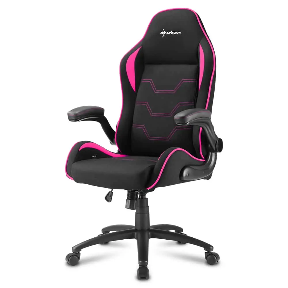 Sharkoon ELBRUS 1 gaming chair (Black/Pink) front view showing black fabric seat with pink accent piping, contoured backrest with geometric stitching pattern, adjustable armrests, and five-wheel base with casters