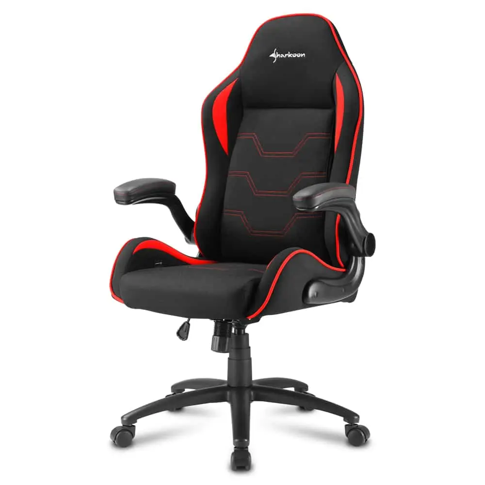 Sharkoon ELBRUS 1 gaming chair (Black/Red) front view showing padded seat and backrest with red accents, armrests, and five-wheel base