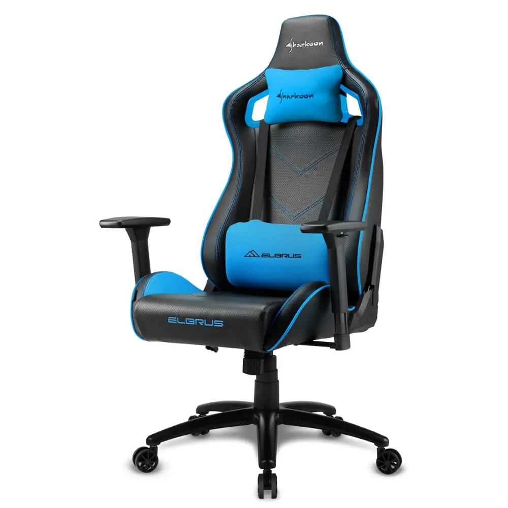 Sharkoon ELBRUS 2 Gaming chair (Black/Blue) front view showing blue and black upholstered seat with lumbar support pillow, headrest pillow, adjustable armrests, and five-wheel caster base