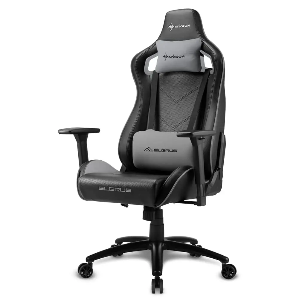 Sharkoon ELBRUS 2 Gaming chair (Black/Gray) front view showing black and gray padded seat with headrest pillow, armrests, and five-wheel base