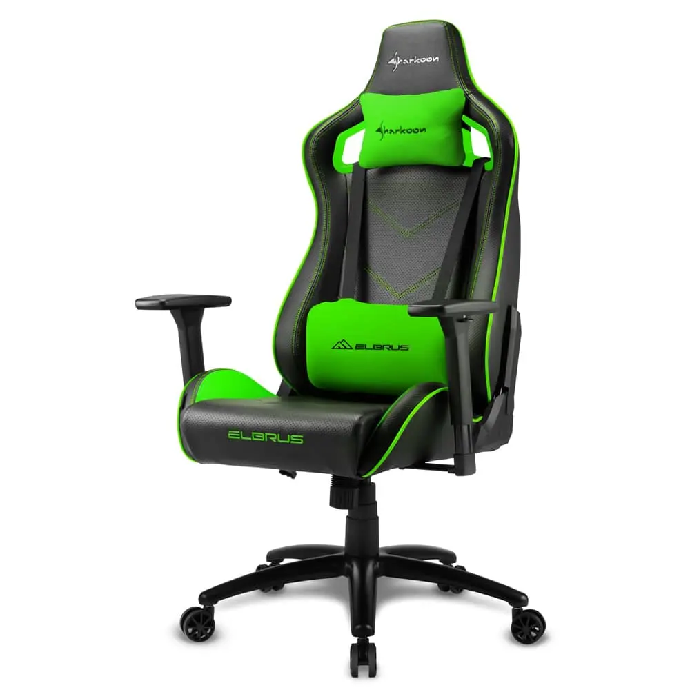 Sharkoon ELBRUS 2 Gaming chair (Black/Green) front view showing adjustable armrests, lumbar support pillow, headrest pillow, and five-point base with casters