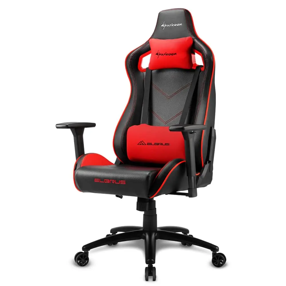 Sharkoon ELBRUS 2 Gaming chair (Black/Red) front view showing full chair design with red and black color scheme, lumbar support pillow, neck rest, armrests, and wheeled base