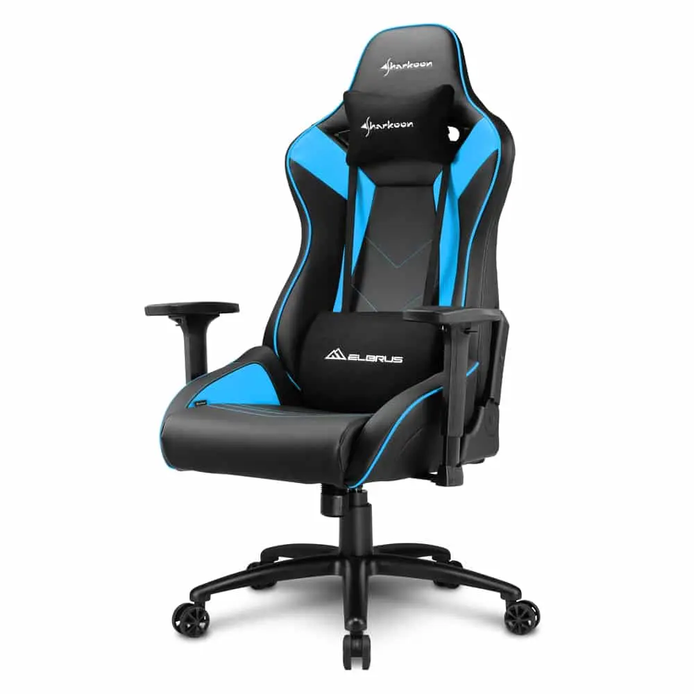 Sharkoon ELBRUS 3 Gaming chair (Black/Blue) front view showing full chair with blue and black upholstery, armrests, headrest pillow, lumbar support, and wheeled base