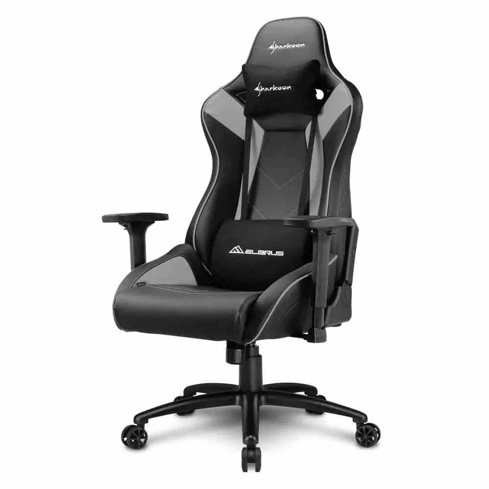 Sharkoon ELBRUS 3 Gaming chair (Black/Gray) front view showing full chair with black and gray upholstery, adjustable armrests, lumbar support pillow, high backrest, and wheeled base