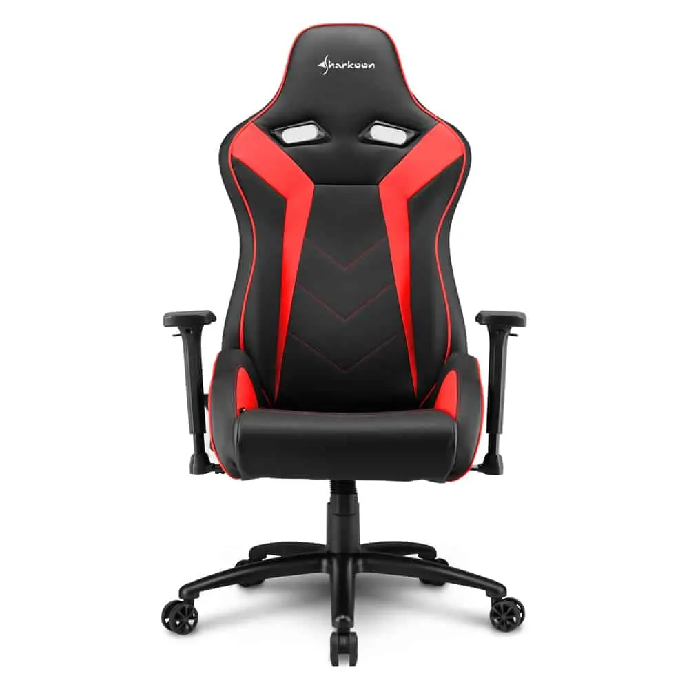 Sharkoon ELBRUS 3 Gamestoel (Zwart/Rood) - Voorkant, zwart en rood designstoel met ergonomische rugleuning, verstelbare armleuningen en zwart onderstel met wielen