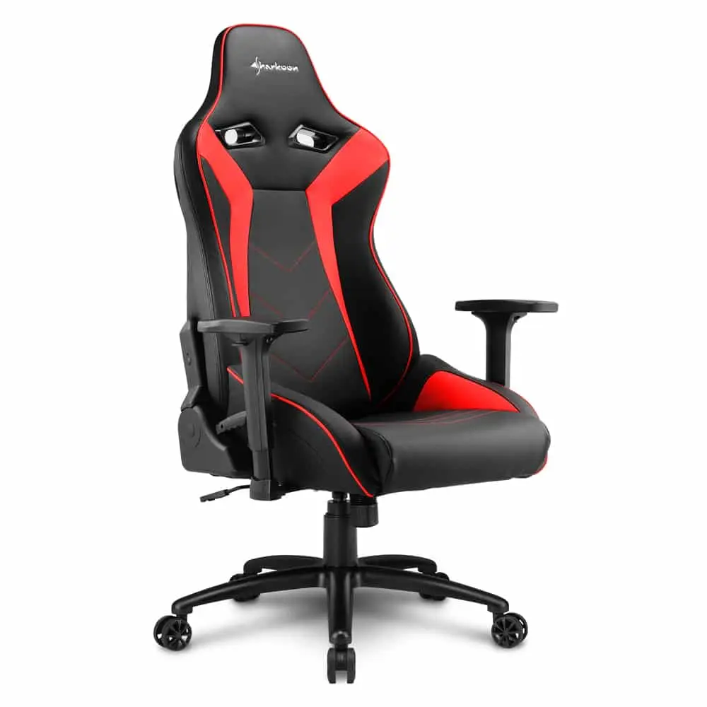 Sharkoon ELBRUS 3 Gamestoel (Zwart/Rood) - vooraanzicht met zichtbare armsteunen, wielbasis en ergonomische rugsteun