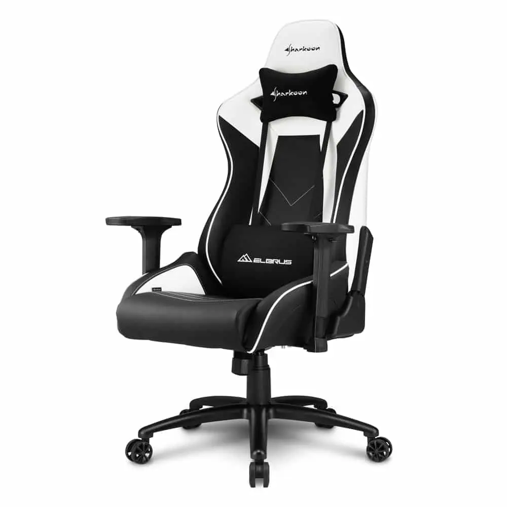Sharkoon ELBRUS 3 Gaming chair (Black/white) front view showing full chair with adjustable armrests, lumbar support pillow, headrest pillow, black base with casters, and black and white color scheme