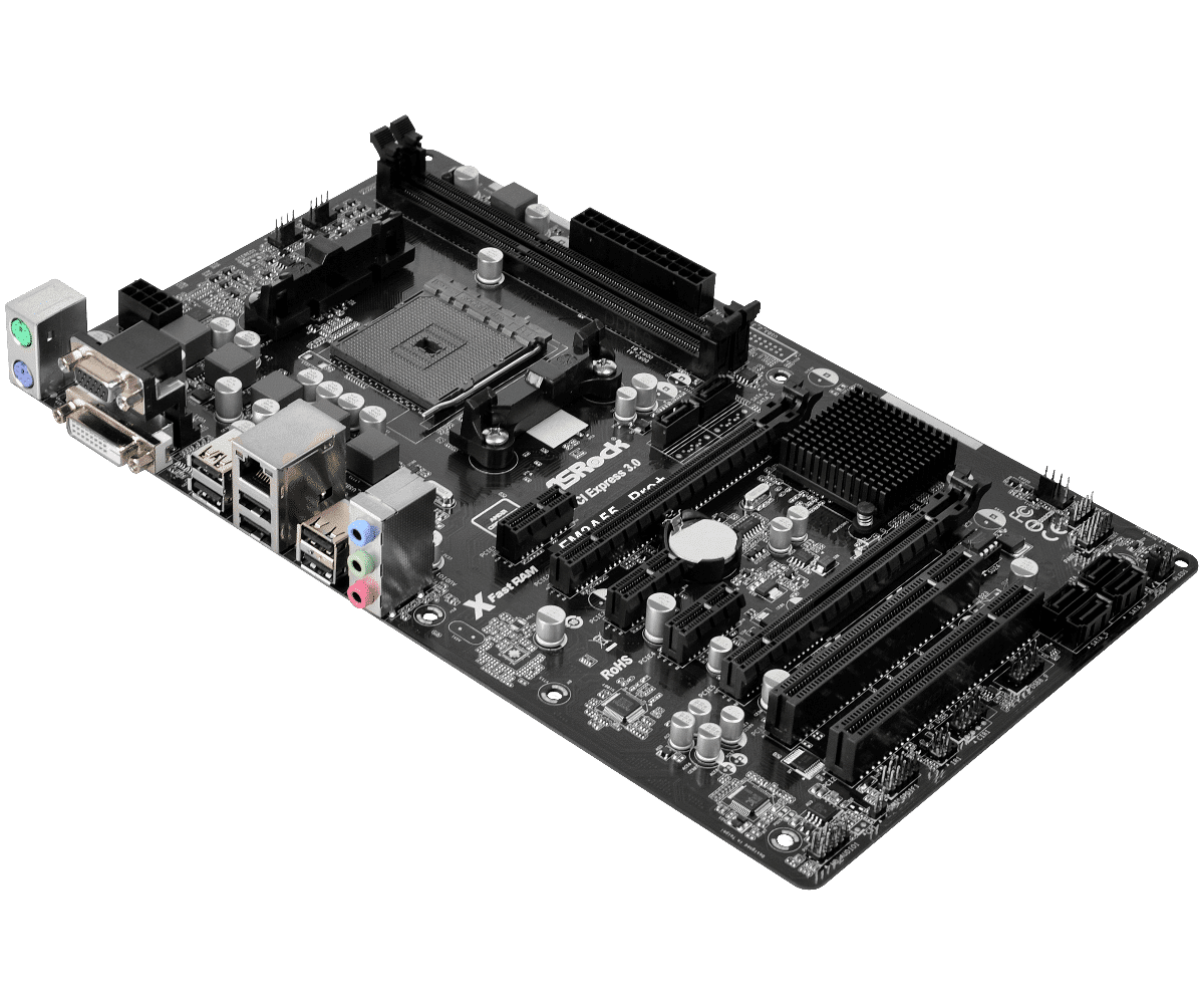 ASRock FM2A55 Pro+ socket FM2+ moederbord - bovenaanzicht met CPU-socket, RAM-slots, uitbreidingsslots en I/O-paneel