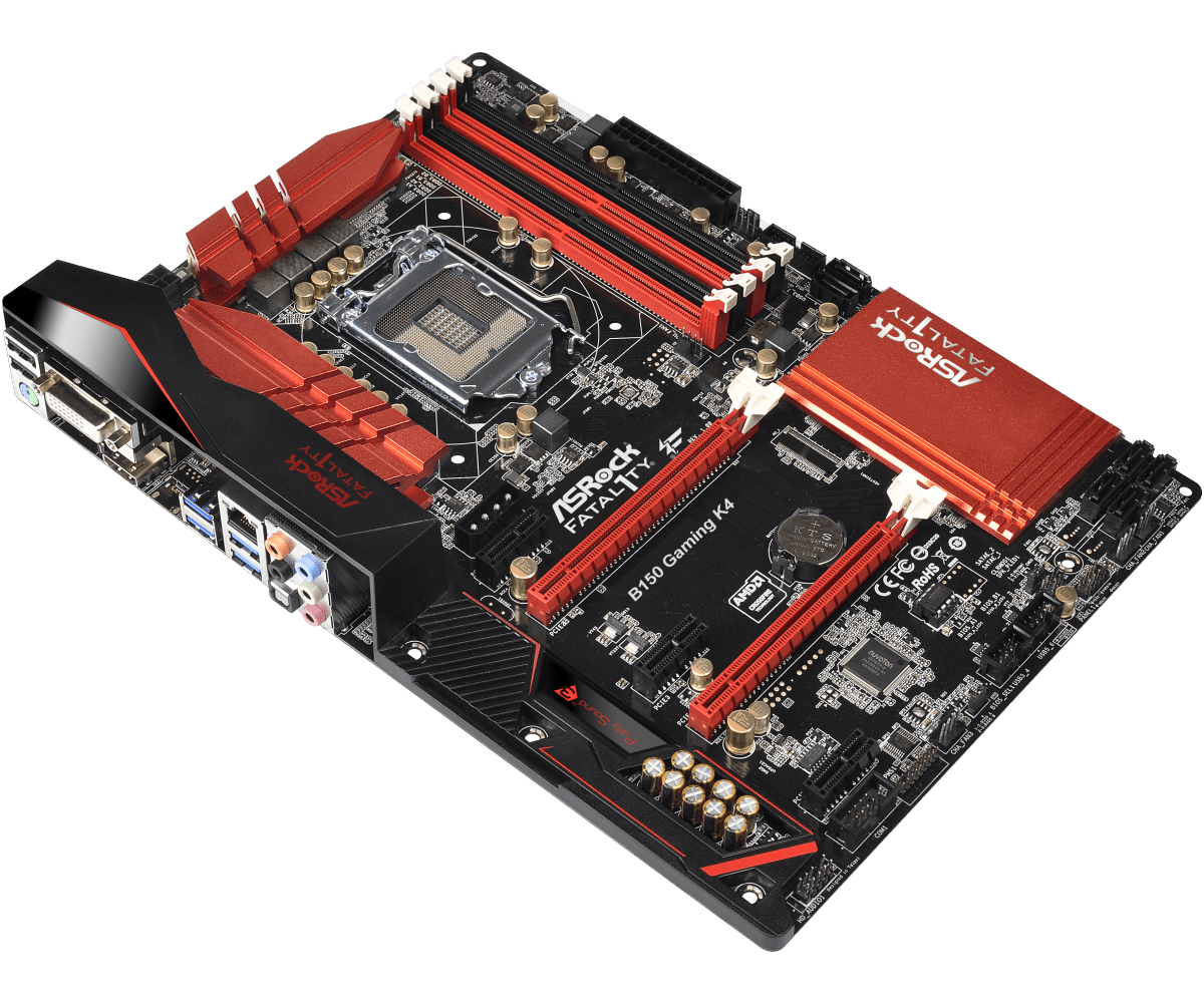 ASRock Fatal1ty B150 Gaming K4 socket 1151 moederbord, bovenaanzicht met rood-zwart design, CPU-socket, RAM-slots en uitbreidingssloten zichtbaar