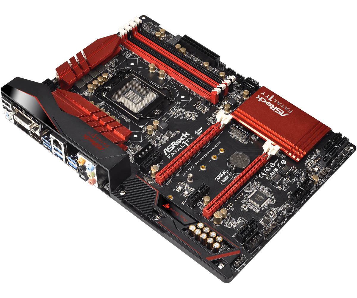 ASRock Fatal1ty H170 Performance motherboard angled top-down view showing red and black PCB with CPU socket, RAM slots, expansion slots, I/O ports, and power delivery components