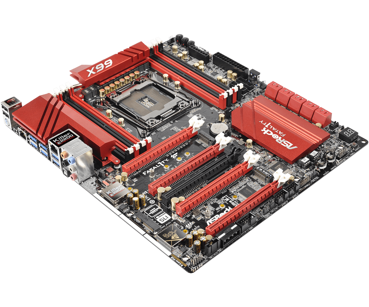 ASRock Fatal1ty X99 Professional socket 2011-3 moederbord - bovenaanzicht met rode RAM-geheugensloten, CPU-socket en uitbreidingssloten