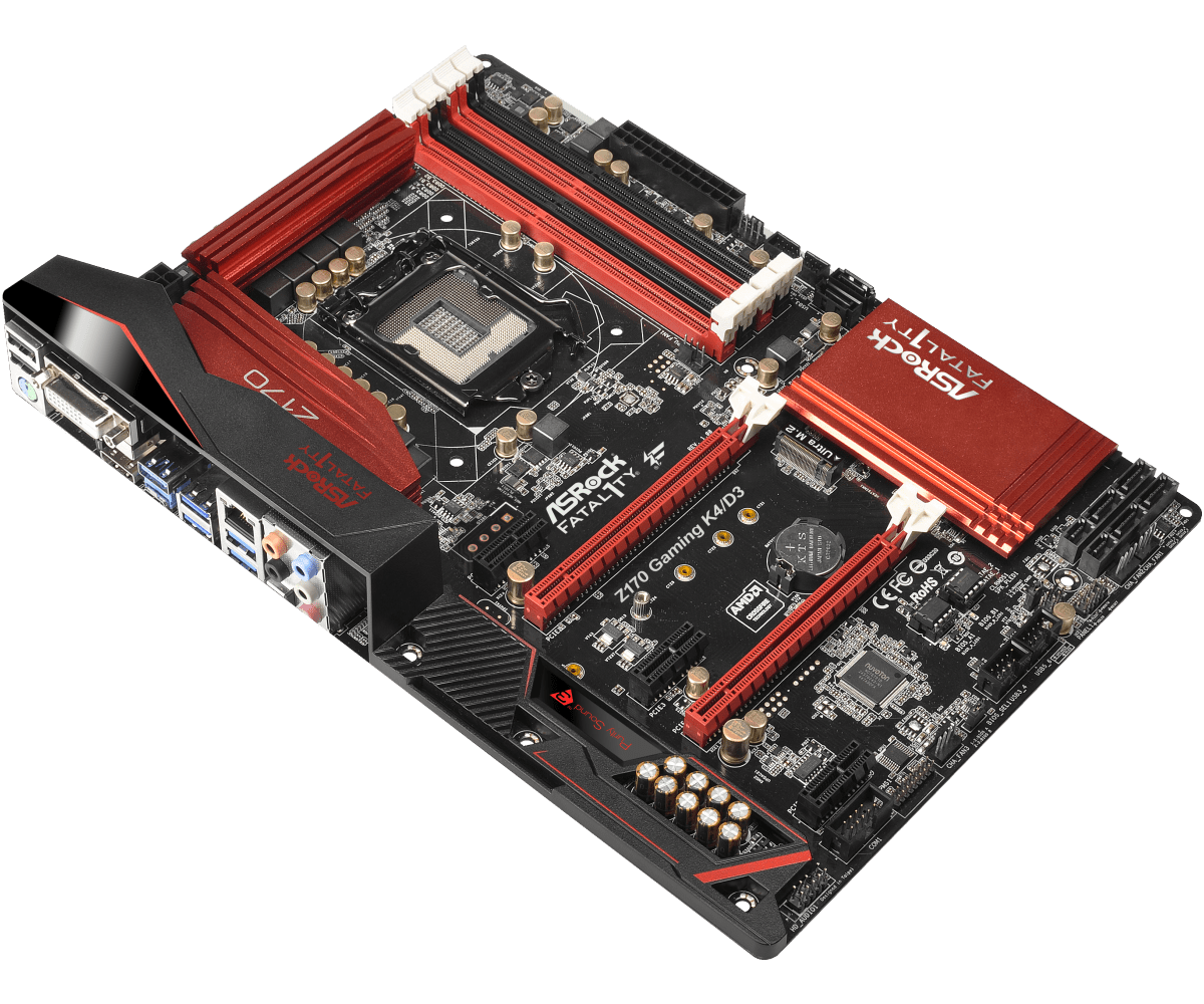 ASRock Fatal1ty Z170 Gaming K4/D3 socket 1151 moederbord bovenaanzicht met rode en zwarte PCB, CPU-socket, RAM-slots en uitbreidingsslots