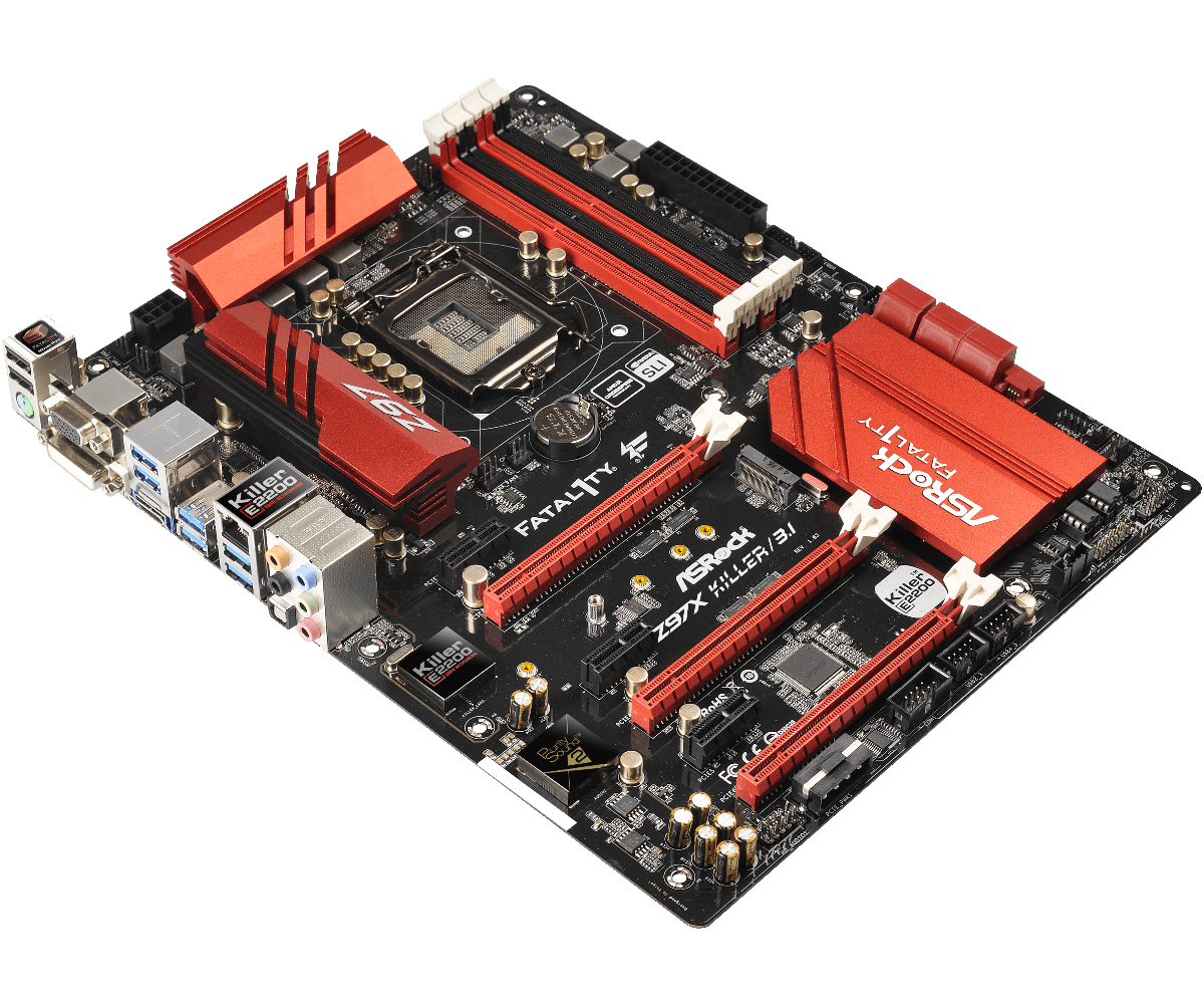 ASRock Fatal1ty Z97X Killer/3.1 socket 1150 moederbord - bovenaanzicht met rode RAM-geheugensleuven, rode PCI-Express-sleuven, zwarte PCB, rode heatsinks en I/O-paneel links